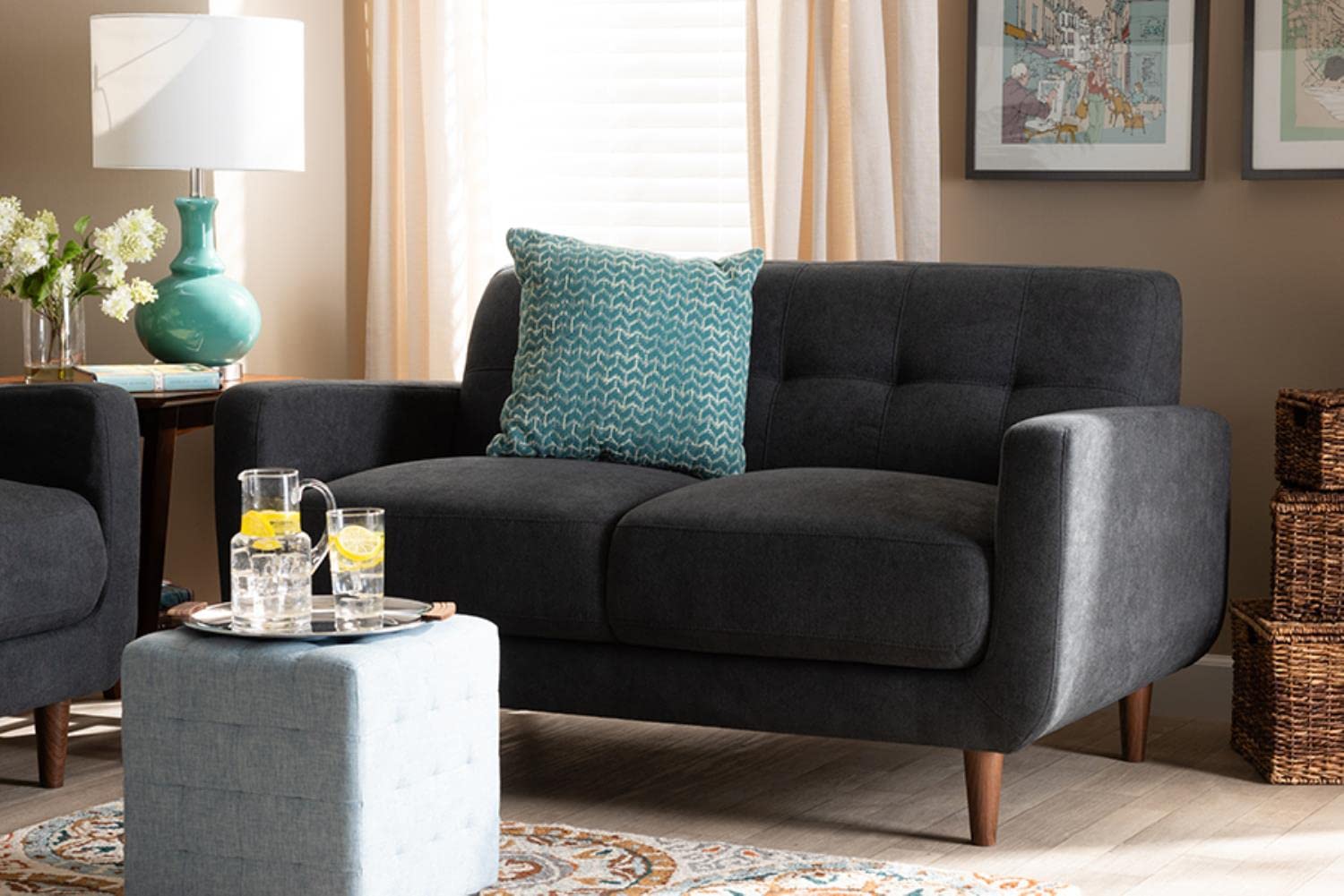 Baxton Studio Allister Mid-Century Modern Dark Grey Fabric Upholstered Loveseat